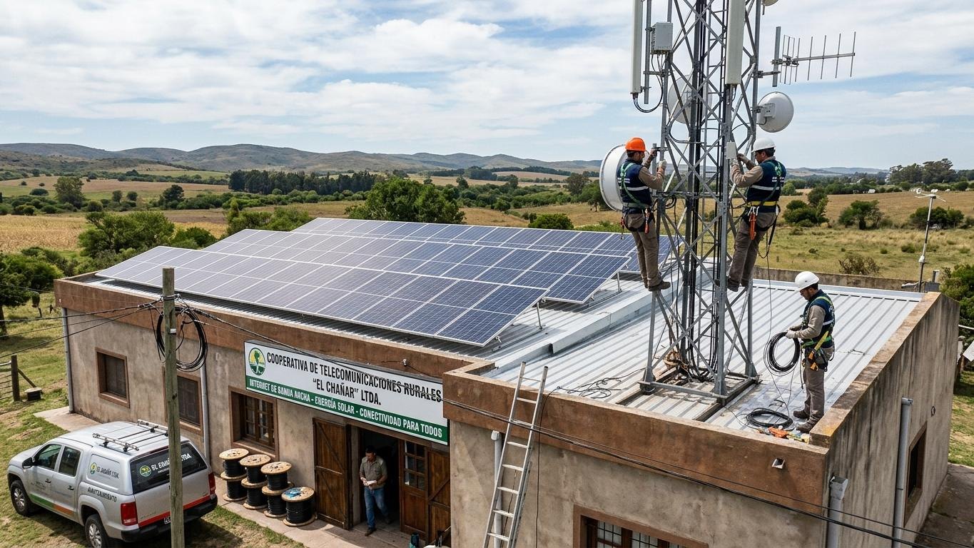 Paneles solares en el techo de una cooperativa de telecomunicaciones