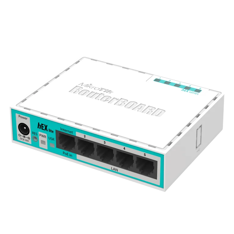 RouterBOARD hEX lite with 850MHz CPU, 64MB RAM, 5 LAN ports, RouterOS L4, plastic case - https://www.matcomsa.com.ar